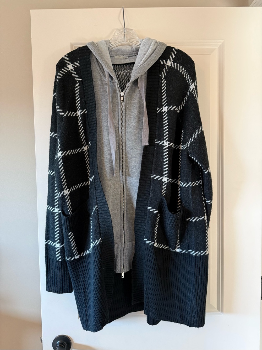 JamisonBlack Windowpane Open Cardigan with Gray Hoodie Layer